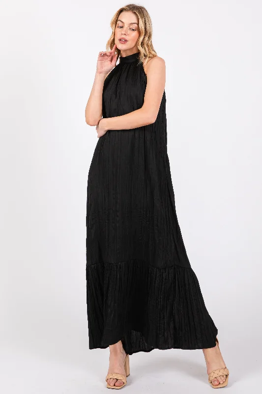 ladies-maxi-dress-belted-bloom-Black Textured Halter Tie Maxi Dress