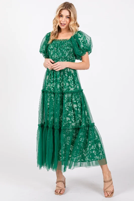 Women's midi dress 90s chic -Forest Green Floral Lined Smocked Tulle Midi Dress