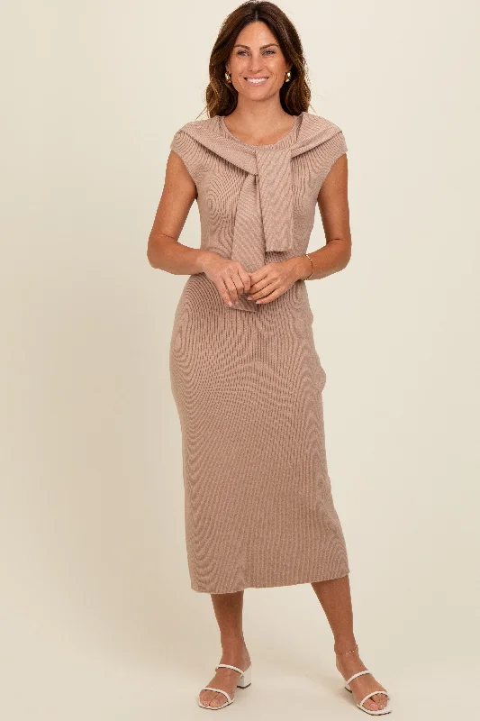 Women's midi dress crew glow -Beige Knit Sleeve Tie Detail Midi Dress