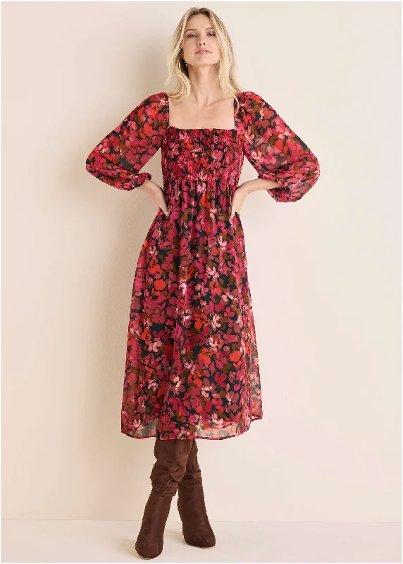 Women's midi dress beat flair -Smocked Midi Dress - Autumn Petals