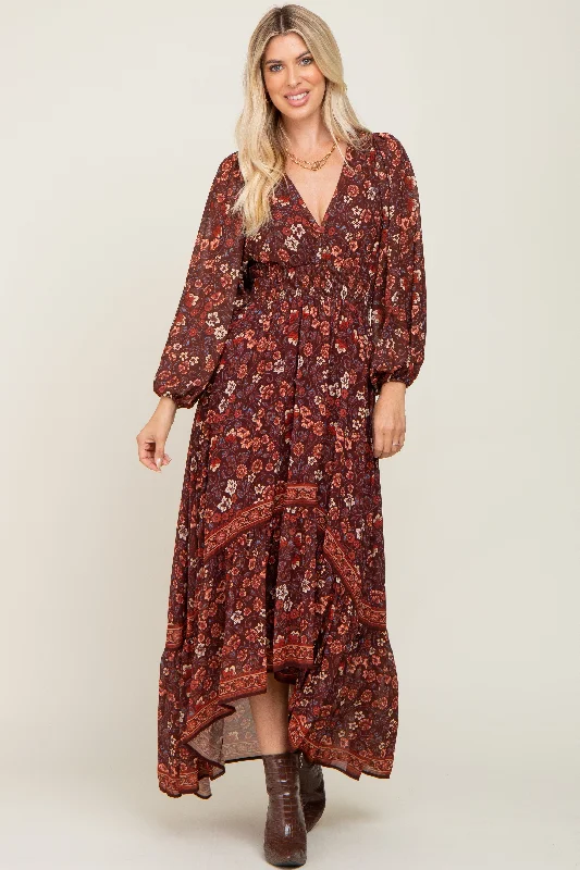 ladies-maxi-dress-ecru-essence-Brown Floral Hi-Lo Train Maxi Dress