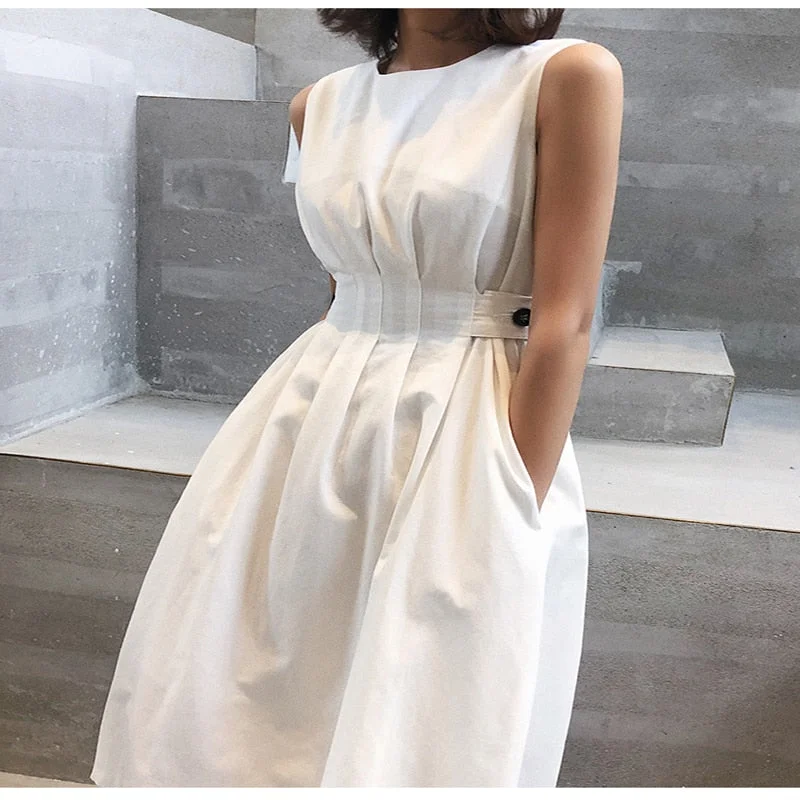 Women's party dress thread chic -Summer Women Solid White Black Fashion Elegant Casual Party Dress O neck Sleeveless Tank Sundress Female