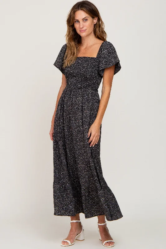 ladies-maxi-dress-chiffon-charm-Black Floral Smocked Maxi Dress