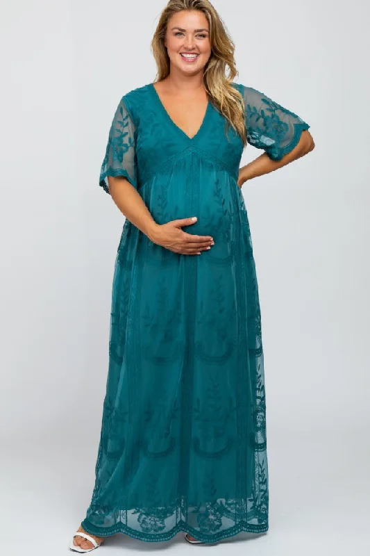 ladies-maxi-dress-ruched-rush-Teal Lace Mesh Overlay Maternity Plus Maxi Dress