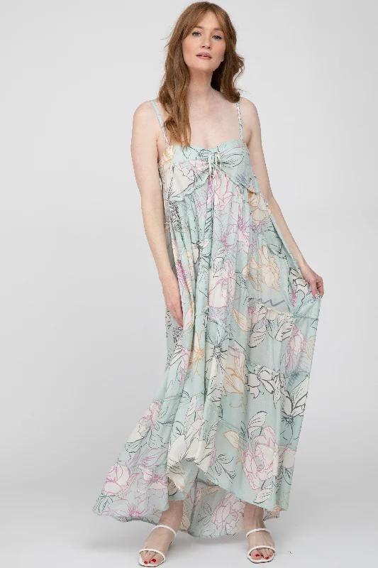 ladies-maxi-dress-minimal-mirth-Light Blue Floral Front Tie Empire Maxi Dress