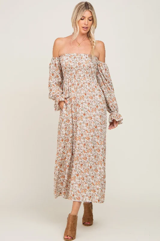 ladies-maxi-dress-rose-ripple-Taupe Floral Off Shoulder Long Sleeve Maxi Dress