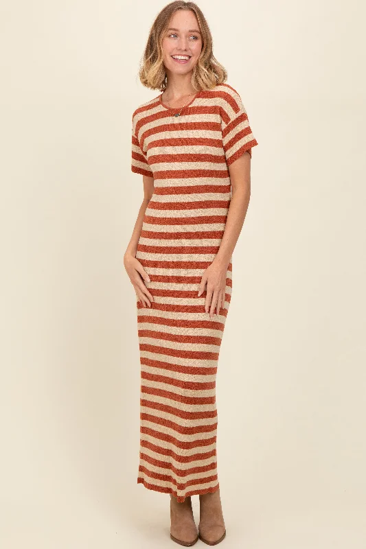 Women's midi dress pro glow -Rust Striped Knit Midi Dress