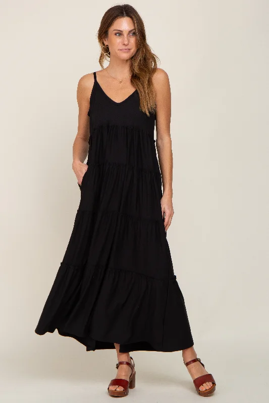 ladies-maxi-dress-glitter-glow-Black Tiered Sleeveless Maxi Dress