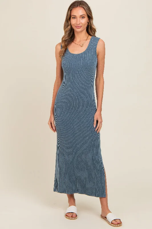 ladies-maxi-dress-long-sleeve-lush-Blue Ribbed Side Slit Maxi Dress