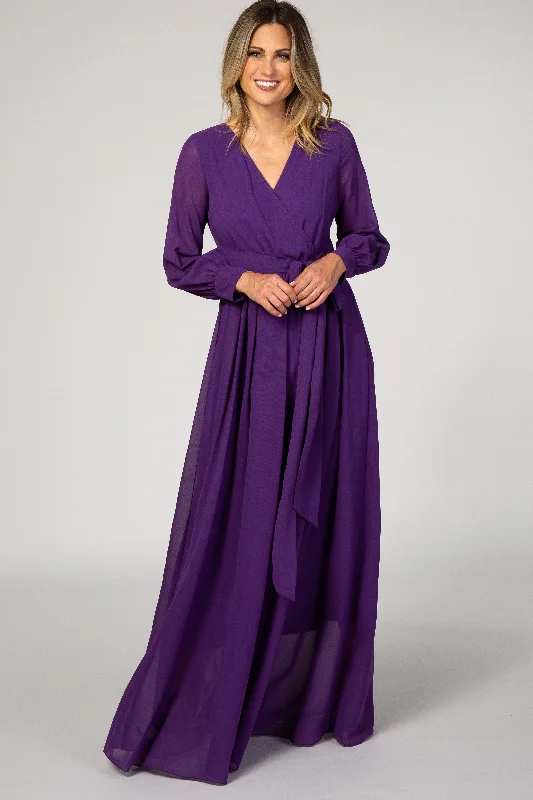 ladies-maxi-dress-sustainable-sweep-Purple Chiffon Long Sleeve Pleated Maxi Dress