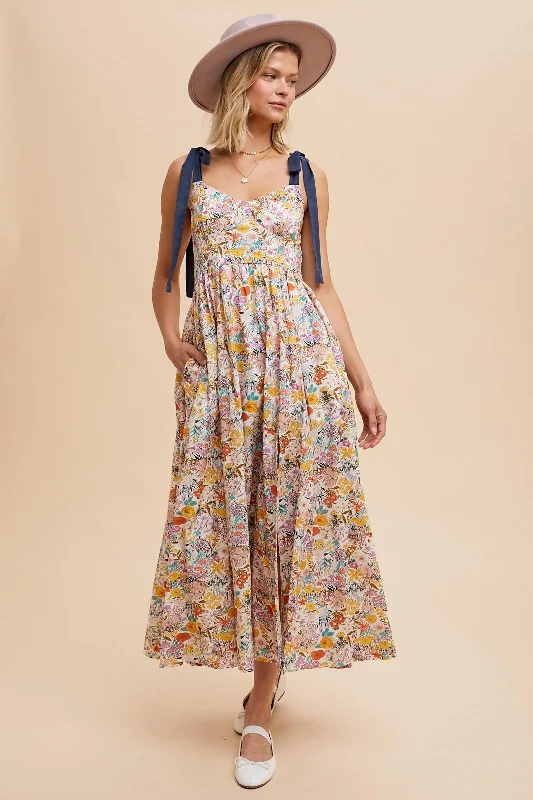 ladies-maxi-dress-knit-kiss-Navy Creme Multi Cotton Floral Maxi Dress