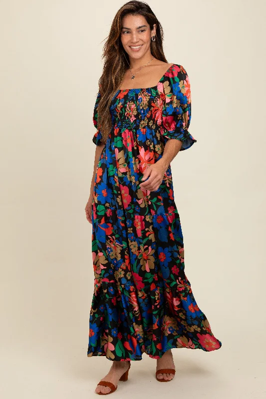 ladies-maxi-dress-lemon-lush-Black Floral Satin Smocked Tiered Maxi Dress