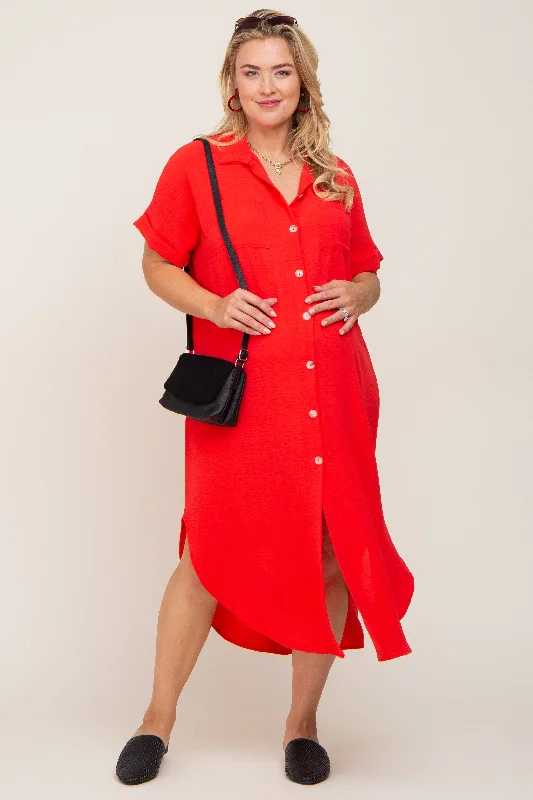 ladies-maxi-dress-eggplant-ember-Red Button Down Hi Low Maternity Plus Maxi Dress