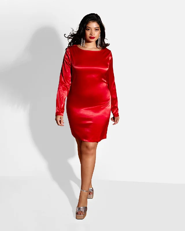 ladies-bodycon-dress-mesh-might-Nora Satin Open Back Mini Bodycon Dress | Red