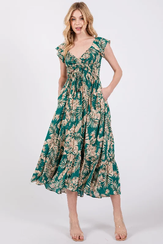 ladies-maxi-dress-girls-glow-Jade Tropical Print Smocked Short Sleeve Maxi Dress