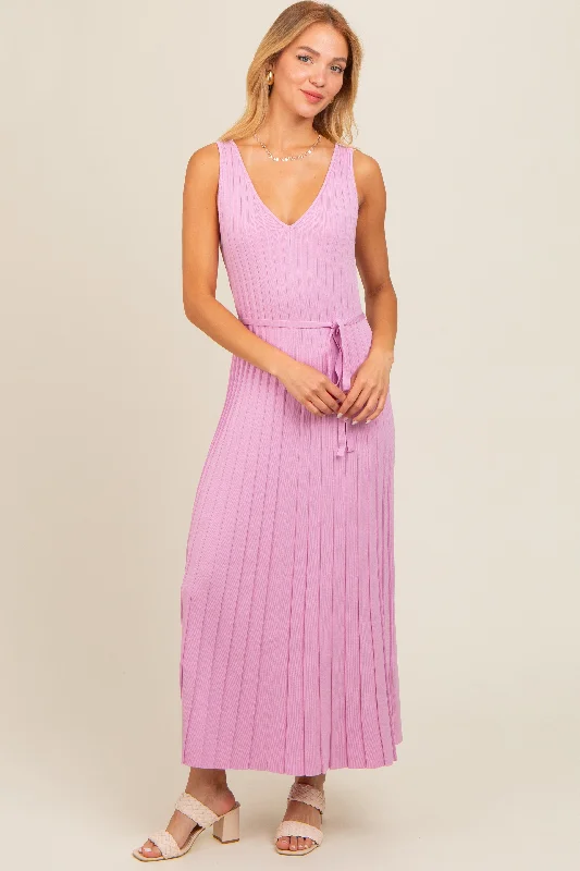 ladies-maxi-dress-tropical-tide-Pink Pleated V-Neck Waist Tie Sweater Maxi Dress