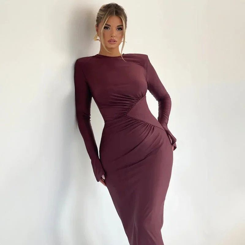 ladies-bodycon-dress-pearl-pizzazz-Solid color round neck bodycon pleated slim long sleeve dress