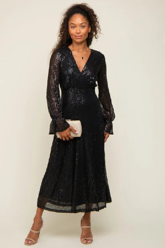 ladies-maxi-dress-retro-radiance-Black Sequin Long Sleeve Wrap Maxi Dress