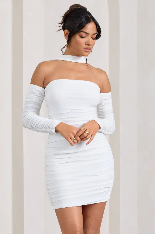 ladies-bodycon-dress-pearl-punch-Thea | White Ruched Long-Sleeved Bodycon Mini Dress With Halter Collar