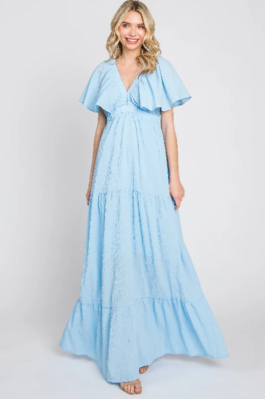 ladies-maxi-dress-halter-haze-Light Blue Crepe Flounce Sleeve Tiered Maxi Dress