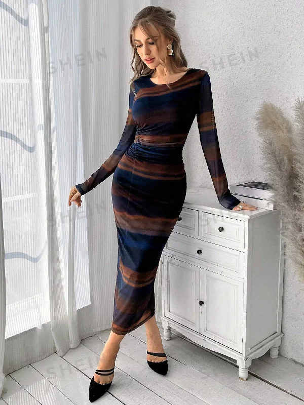 ladies-bodycon-dress-high-neck-hype-Privé Mesh Gradient Print Pleated Bodycon Dress