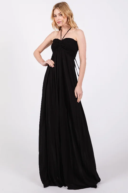 ladies-maxi-dress-sustainable-sweep-Black Smocked Halter Maxi Dress