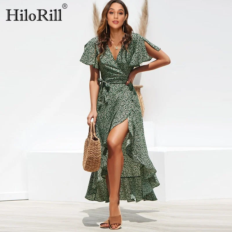 Women's party dress bead pop -Summer Beach Maxi Dress Women Floral Print Boho Long Dress Ruffles Wrap Casual V-Neck Split Sexy Party Dress