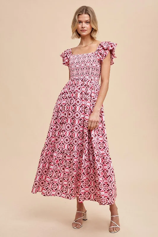 ladies-maxi-dress-pearl-petal-Magenta Floral Flutter Cap Sleeve Maxi Dress