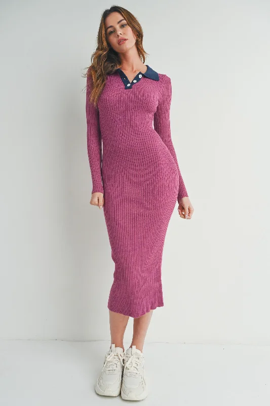 Women's midi dress silk glow -Magenta Collared Button Front Long Sleeve Midi Sweater Dress