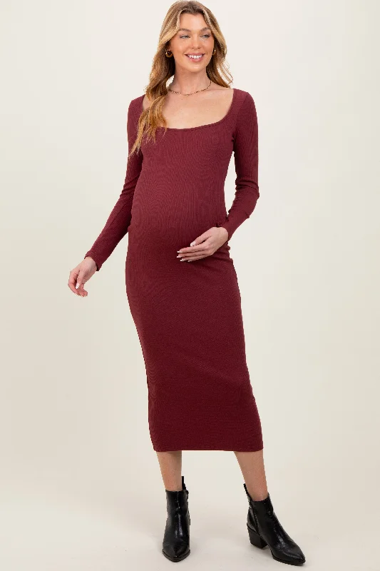 ladies-maxi-dress-satin-silk-Burgundy Square Neck Rib Long Sleeve Maternity Maxi Dress