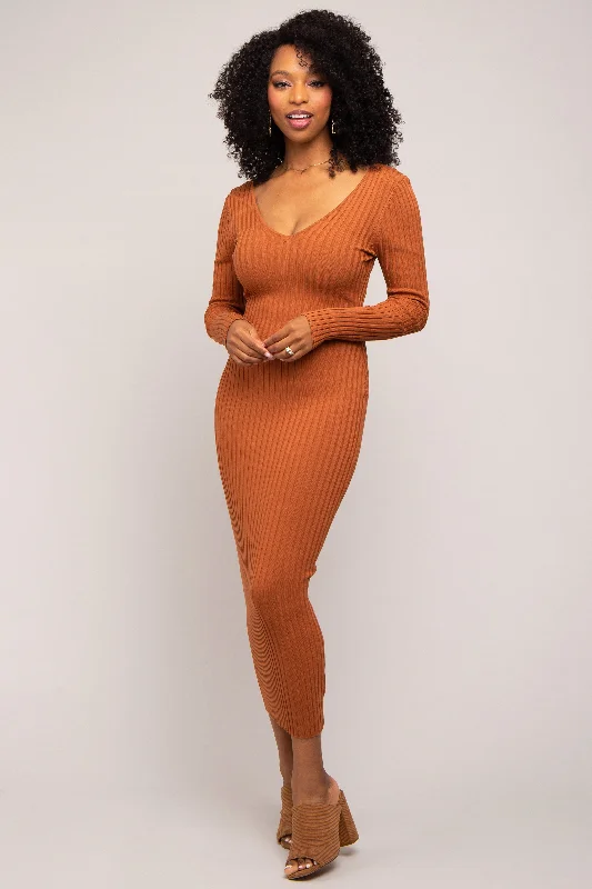 ladies-maxi-dress-zip-front-zest-Camel V-Neck Long Sleeve Fitted Maxi Dress