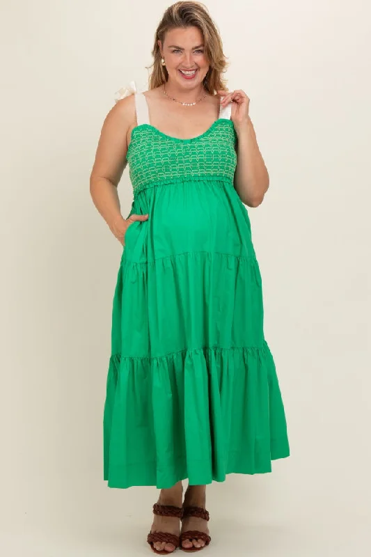 ladies-maxi-dress-cap-sleeve-cool-Green Ribbon Strap Tiered Plus Maternity Maxi Dress