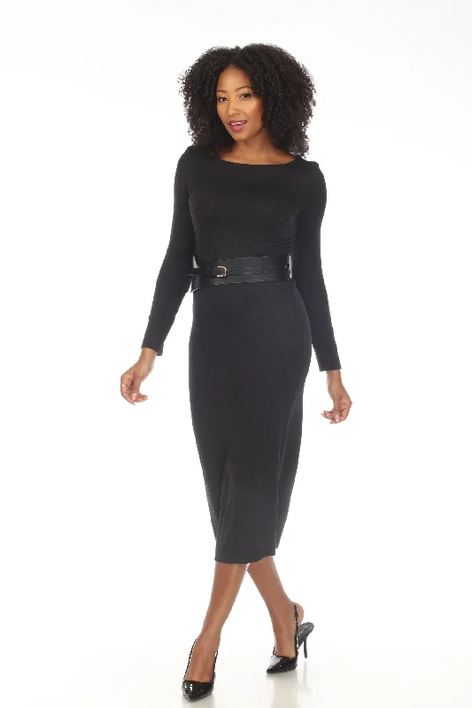 Women's midi dress joy glow -Joseph Ribkoff Charcoal Grey Belted Long Sleeve Knit Midi Dress 233273