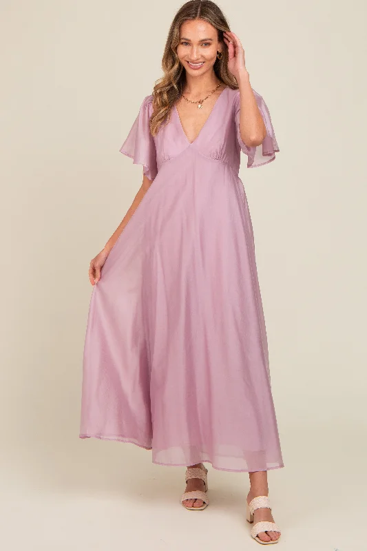 ladies-maxi-dress-cotton-cool-Lavender V-Neck Flutter Sleeve Maxi Dress