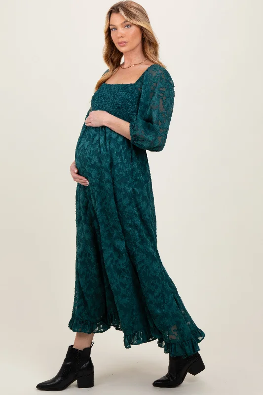 ladies-maxi-dress-lace-luminance-Forest Green Textured Overlay Smocked Ruffled Hem Maternity Maxi Dress