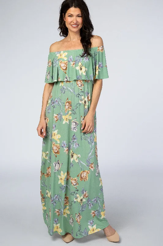 ladies-maxi-dress-bodycon-bliss-Sage Floral Off Shoulder Maxi Dress