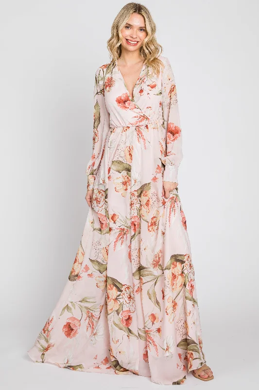 ladies-maxi-dress-coral-cool-Light Pink Floral Chiffon Long Sleeve Maxi Dress