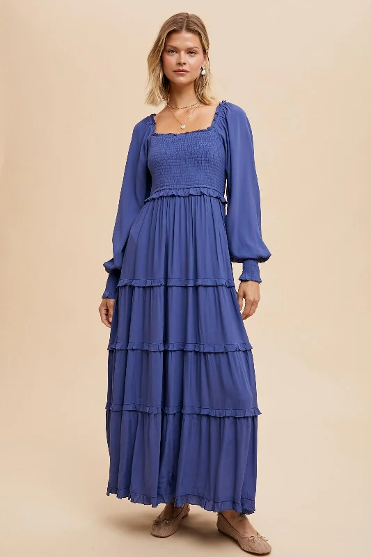 ladies-maxi-dress-budget-bloom-Periwinkle Smocked Long Sleeve Ruffle Tiered Maxi Dress