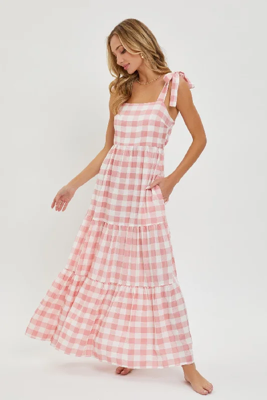 ladies-maxi-dress-rose-ripple-Pink Gingham Maxi Dress