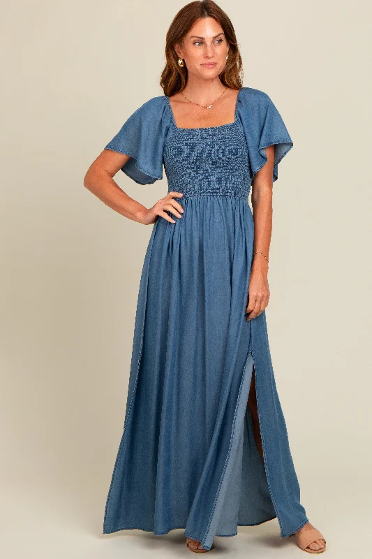 ladies-maxi-dress-sophisticated-sweep-Blue Chambray Smocked Maxi Dress