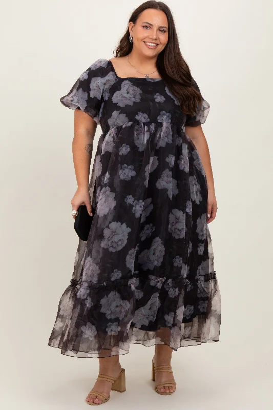 Women's midi dress mini chic -Black Floral Organza Square Neck Plus Midi Dress