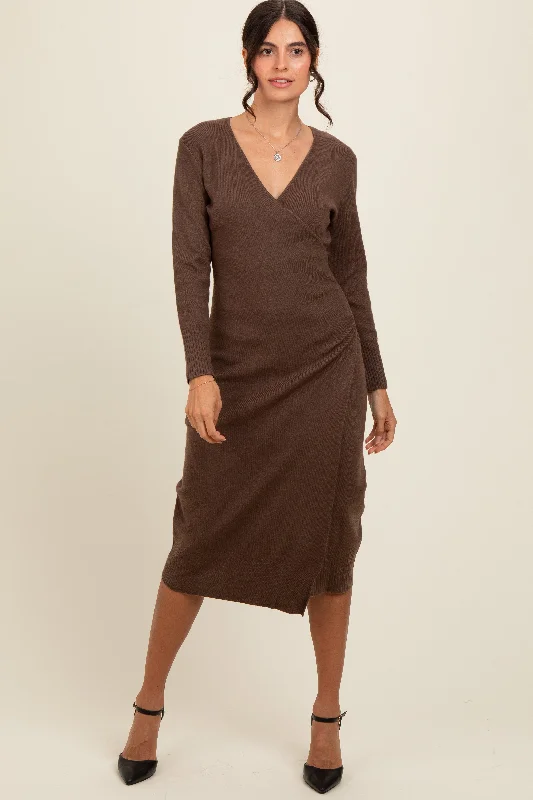 Women's midi dress sprout flair -Brown Knit Crossover Ruched Midi Dress