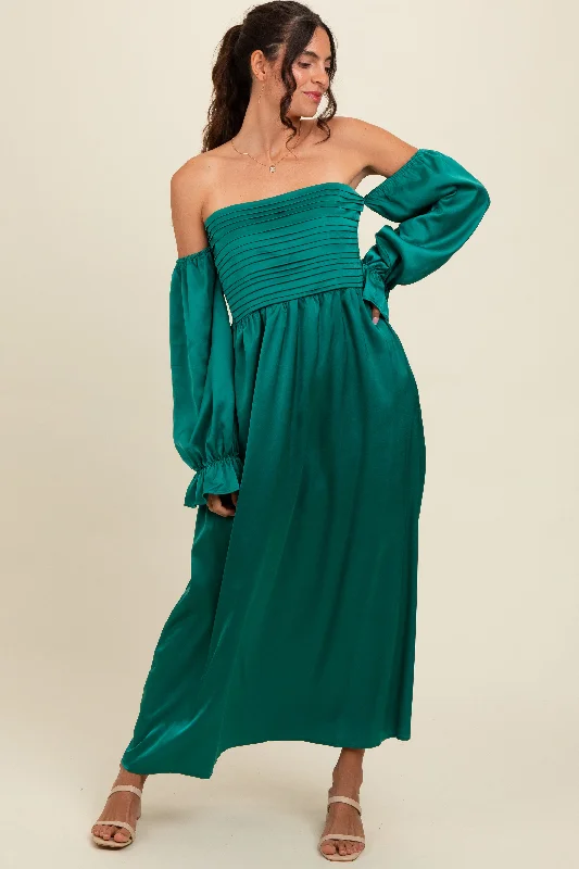 ladies-maxi-dress-limited-luster-Emerald Green Off Shoulder Satin Pleated Bodice Maxi Dress