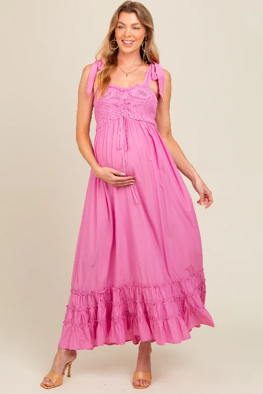 ladies-maxi-dress-high-waist-hush-Pink Sweetheart Neck Smocked Shoulder Tie Maternity Maxi Dress