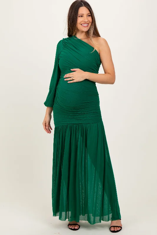 ladies-maxi-dress-halter-haze-Forest Green Ruched Mesh One Shoulder Asymmetric Maternity Maxi Dress