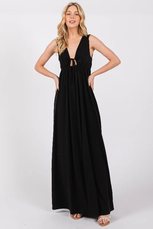 ladies-maxi-dress-silver-sweep-Black Front Tie Cutout Sleeveless Maxi Dress