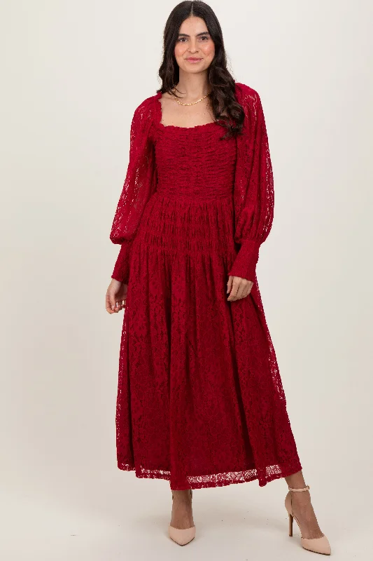 ladies-maxi-dress-tiered-tide-Burgundy Lace Smocked Bubble Sleeve Maxi Dress