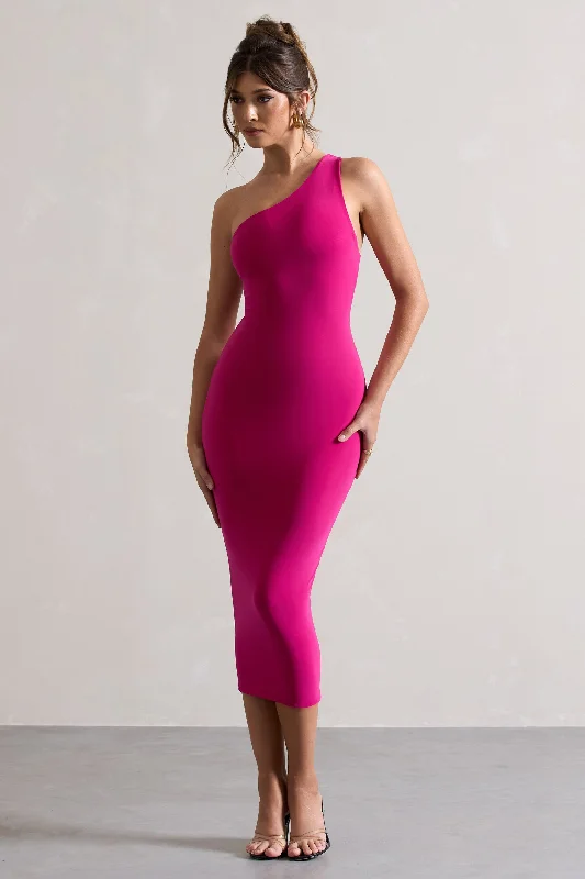 ladies-bodycon-dress-claret-crush-Vineyard | Hot Pink Asymmetric Backless Bodycon Midi Dress