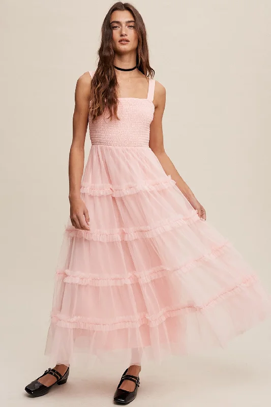 Women's midi dress now pop -Light Pink Smocked Ruffle Tiered Tulle Midi Dress