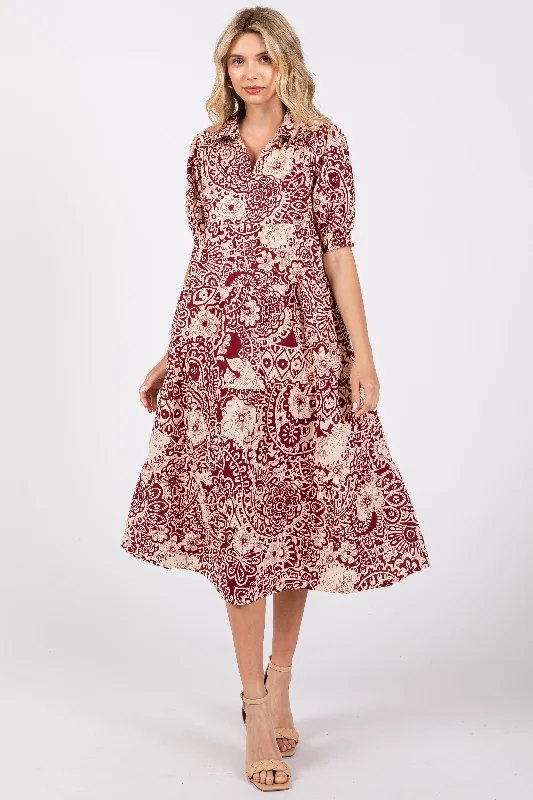 Women's midi dress bead flair -Burgundy Floral Collared Tiered Midi Dress